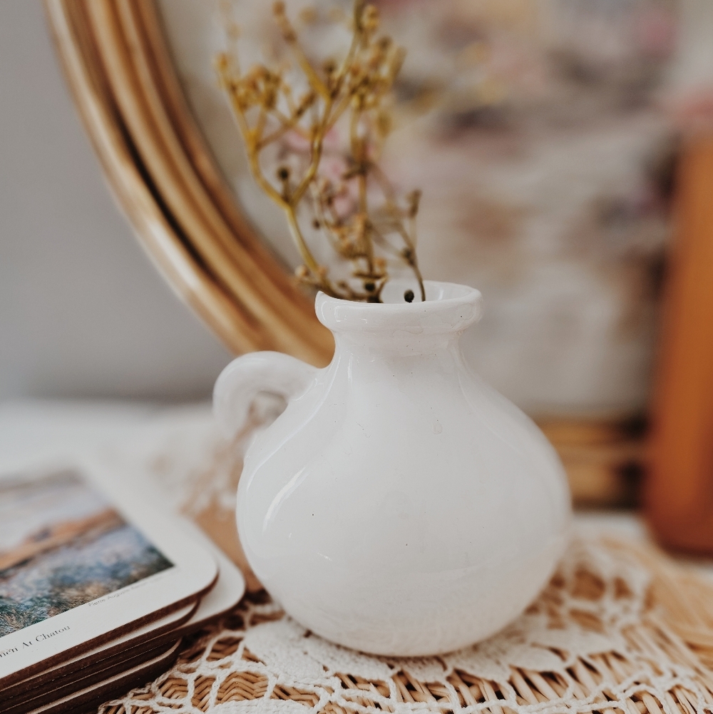 Small Dainty White Ceramic Vase With Handle